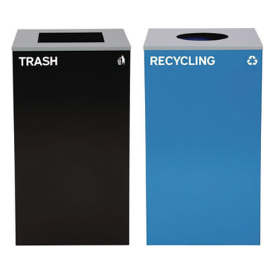 29 Gallon Trash/Recycling Cans, Steel, Blue Recycling With Circle Lid, Black Trash Can With Square Lid