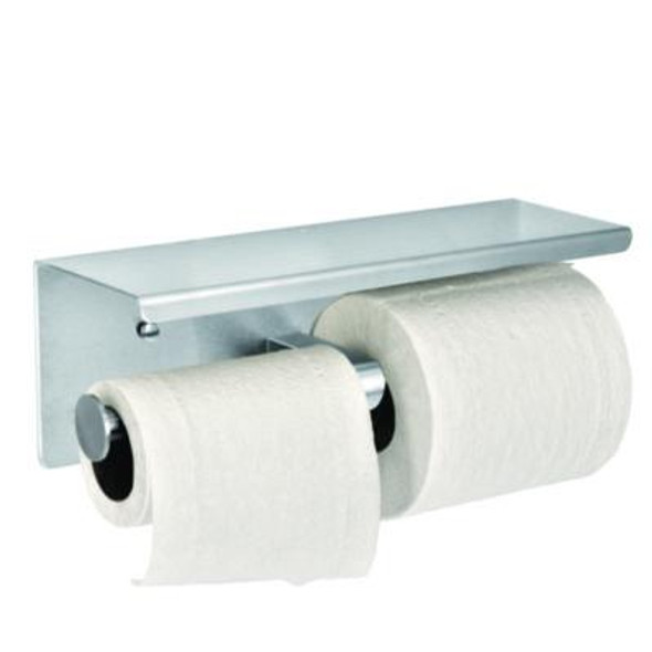 Double Post Toilet Paper Holder With Shelf Storage Rack, 3.87 x 10.5 x 3.95, Brushed Stainless Steel