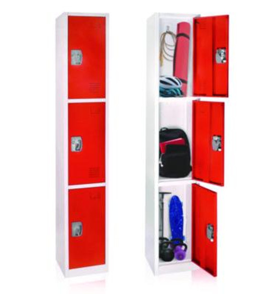 Steel Storage Locker, 3 Compartment, 12 x 12 x 72, Red