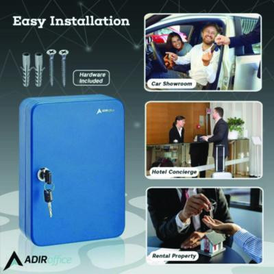 Steel Secure Key Cabinet With Key Lock, 48-Key, 7.1 x 3.1 x 10, Stainless Steel 304, Blue