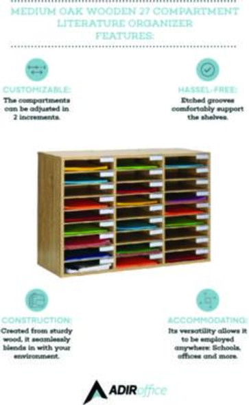 Wooden 27 Compartment Literature Organizer, 27 Sections, Letter Size, 31.49 x 11.81 x 21.65, Medium Oak