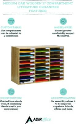 Wooden 27 Compartment Literature Organizer, 27 Sections, Letter Size, 31.49 x 11.81 x 21.65, Medium Oak