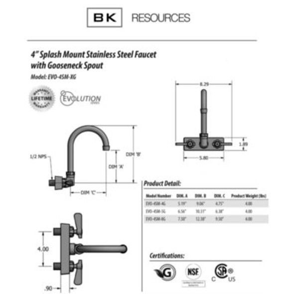 Evolution Splash Mount Stainless Steel Faucet, 9.06" Height/4.5" Reach, Stainless Steel