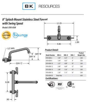 Evolution Splash Mount Stainless Steel Faucet, 4.63" Height, 8" Reach, Stainless Steel