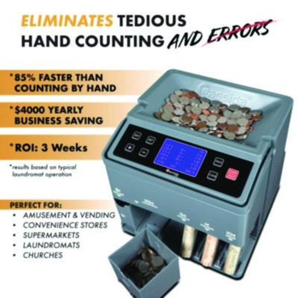C300 Series Coin Sorter/Counter For Pennies, Nickels, Dimes, Quarters And Dollars, 300 Coins/Min, 11" x 11" x 10", Gray