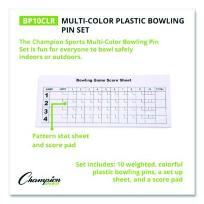 Plastic Bowling Pin Set, Assorted Colors, 10/Set