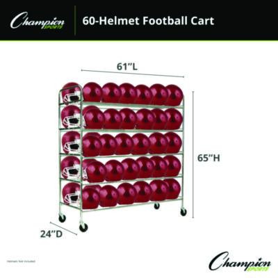 60 Helmet Football Cart, Five Shelves, Metal, 176 Lb Capacity, 24" x 61" x 65", Chrome