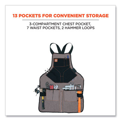 Arsenal 5705 Extended Length Canvas Tool Apron, 13 Compartments, 25.5 x 34, Canvas, Gray