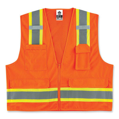 Glowear 8248Z Class 2 Two-Tone Surveyors Zipper Vest, Polyester, 2X-Large/3X-Large, Orange