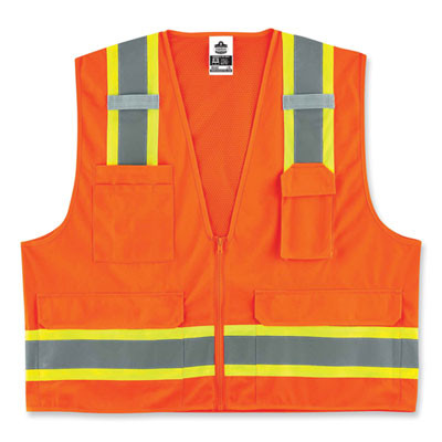 Glowear 8248Z Class 2 Two-Tone Surveyors Zipper Vest, Polyester, 4X-Large/5X-Large, Orange