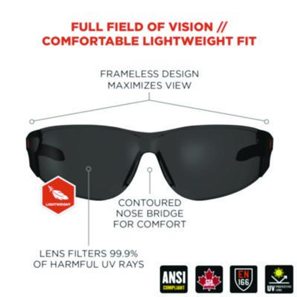 Skullerz Saga Anti-Scratch/Enhanced Anti-Fog Safety Glasses, Matte Black Frameless, Smoke Polycarbonate Lens