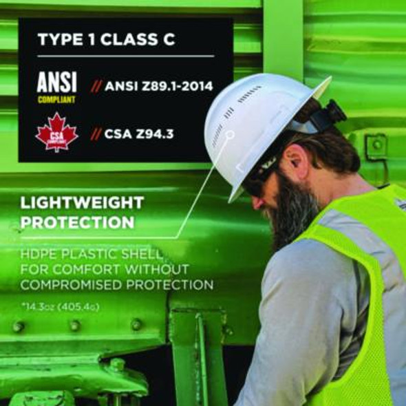 Skullerz 8968 Class C Lightweight Full Brim Hard Hat, Adjustable Venting, 6-Point Rachet Suspension, White
