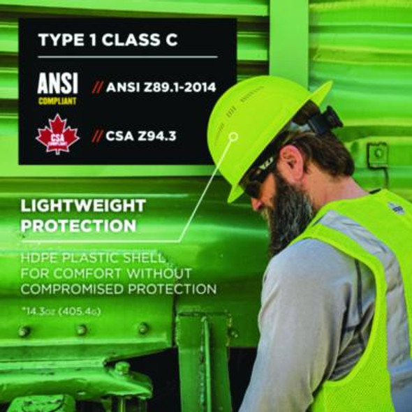Skullerz 8968 Class C Lightweight Full Brim Hard Hat, Adjustable Venting, 6-Point Rachet Suspension, Lime