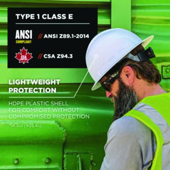 Skullerz 8969 Class E Lightweight Full Brim Hard Hat, 6-Point Rachet Suspension, White