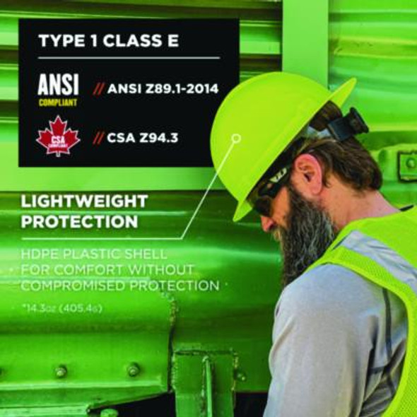Skullerz 8969 Class E Lightweight Full Brim Hard Hat, 6-Point Rachet Suspension, Lime