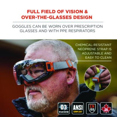 Skullerz Modi Otg Anti-Scratch And Enhanced Anti-Fog Safety Goggles With Neoprene Strap, Clear Lens, Gray/Clear Frame