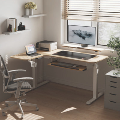 L-Shaped Standing Desk With Keyboard Tray, Left Desk, 61.25" x 43.25" x 34.38" To 52.88", Maple White/White