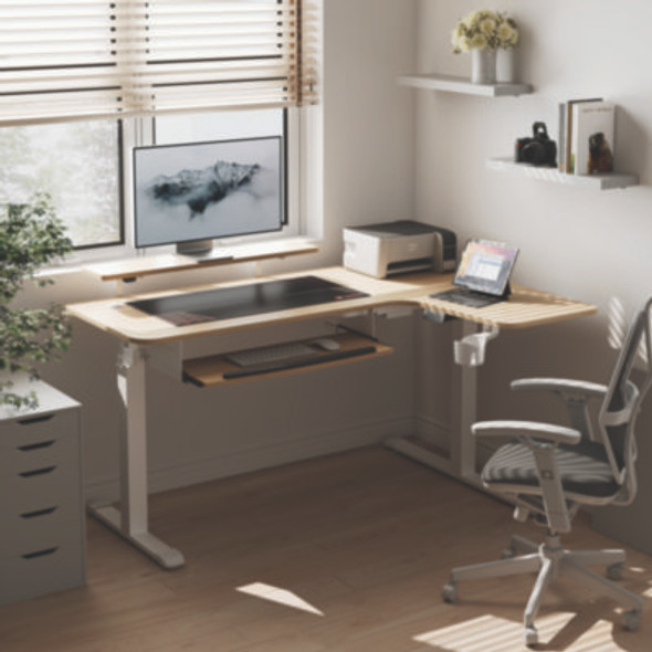 L-Shaped Standing Desk With Keyboard Tray, Right Desk, 61.25" x 43.25" x 34.38" To 52.88", Maple White/White