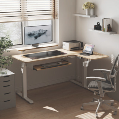 L-Shaped Standing Desk With Keyboard Tray, Right Desk, 61.25" x 43.25" x 34.38" To 52.88", Maple White/White