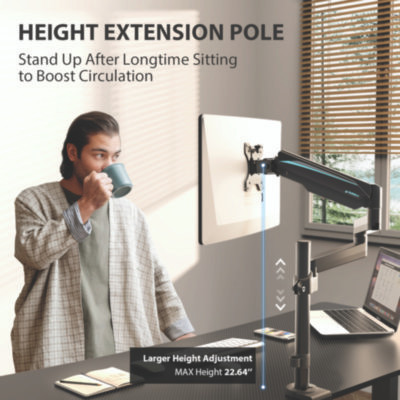 Single Monitor Arm, For 32" Monitors, 90 Deg Rotation, 35 Deg Tilt, 360 Deg Pan, Black, Supports 17.6 Lbs