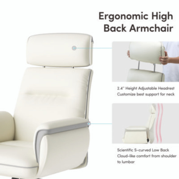 Royal Executive Office Chair, Support Up To 300 Lb, 19.46"-22.26" Seat Height, White Pu Leather Seat, White Faux Leather Back