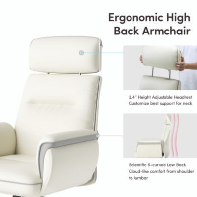 Royal Executive Office Chair, Support Up To 300 Lb, 19.46"-22.26" Seat Height, White Pu Leather Seat, White Faux Leather Back