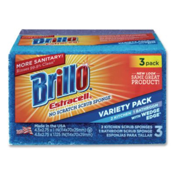 Estracell Scrub Sponge Variety Pack, 1 Bath, 2 Kitchen, 4.5 x 2.75, 1.12" Thick, Blue/Purple/White, 3/Pack, 8 Packs/Carton