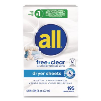 Free Clear Dryer Sheets, Fragrance Free, 195 Sheets/Packs, 6 Packs/Carton