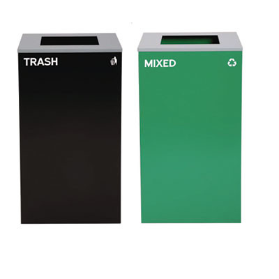 29 Gallon Trash/Recycling Cans, Steel, Green Mixed Recycling Can With Square Lid, Black Trash Can With Square Lid
