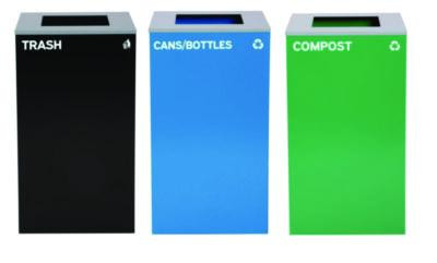 29 Gallon Trash/Recycling Cans, Steel, Blue Cans/Bottles Recycling Can, Green Compost Can, Black Trash Can With Square Lids