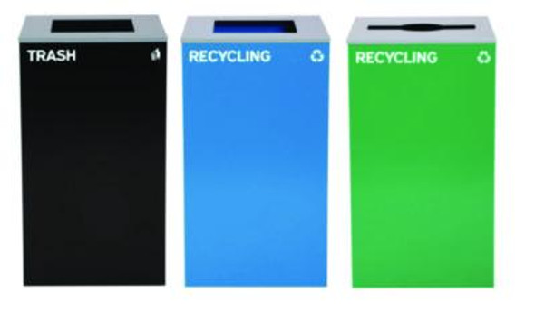 29 Gallon Trash/Recycling Cans, Steel, Blue Recycling Can And Black Trash Can w/Sq Lid, Green Recycling Can With Mixed Lid