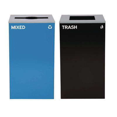 29 Gallon Trash/Recycling Cans, Steel, Blue Mixed Recycling With Mixed Lid, Black Trash Can With Square Lid
