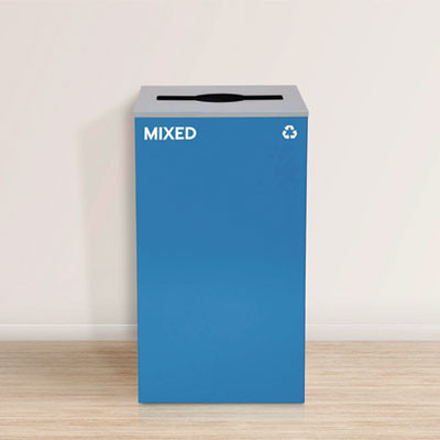 29 Gallon Trash/Recycling Cans, Steel, Blue Mixed Recycling With Mixed Lid, Black Trash Can With Square Lid