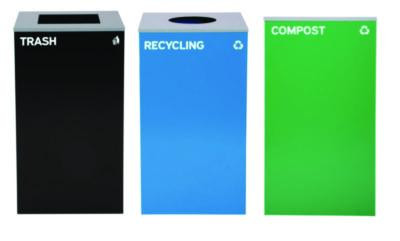 29 Gallon Trash/Recycling Cans, Steel, Blue Recycling Can w/Circle Lid, Green Compost Can And Black Trash Can w/Square Lids