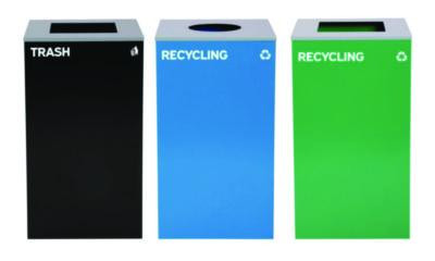 29 Gallon Trash/Recycling Cans, Steel, Blue Recycling Can w/Circle Lid, Green Recycling Can And Black Trash Can w/Square Lids