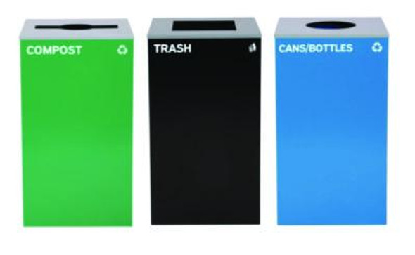 29 Gallon Trash/Recycling Cans, Steel, Blue Cans/Bottles Recycling w/Circle Lid, Green Compost w/Mixed Lid, Bk Trash w/Sq Lid