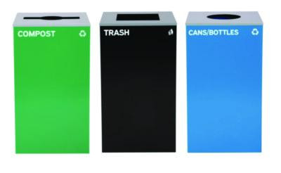 29 Gallon Trash/Recycling Cans, Steel, Blue Cans/Bottles Recycling w/Circle Lid, Green Compost w/Mixed Lid, Bk Trash w/Sq Lid