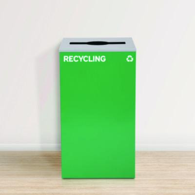 29 Gallon Trash/Recycling Cans, Steel, Blue Mixed Recycling w/Circle Lid, Green Recycling w/Mixed Lid, Black Trash w/Sq Lid