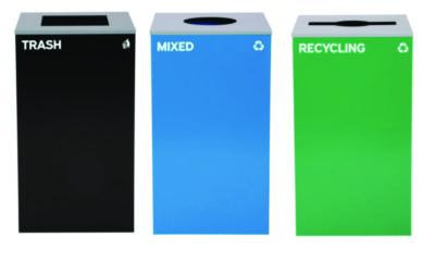 29 Gallon Trash/Recycling Cans, Steel, Blue Mixed Recycling w/Circle Lid, Green Recycling w/Mixed Lid, Black Trash w/Sq Lid