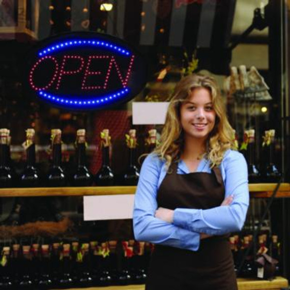 Led Oval Open Sign, 23 x 14, Black Frame, Blue/Red Graphics