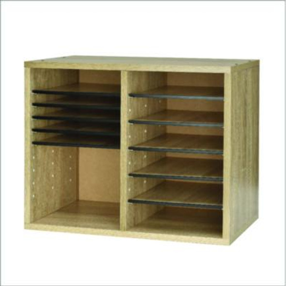 Wood Adjustable 12 Compartment Literature Organizer, 12 Sections, Letter Size, 20 x 11.8 x 16.3, Medium Oak