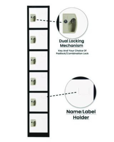 Steel Storage Locker, 6 Compartment, 12 x 12 x 72, Black Body/White Doors