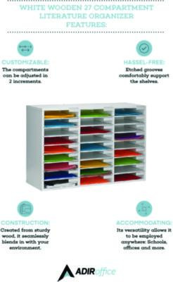 Wooden 27 Compartment Literature Organizer, 27 Sections, Letter Size, 31.49 x 11.81 x 21.65, White