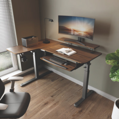 L-Shaped Standing Desk With Keyboard Tray, Left Desk, 61.25" x 43.25" x 34.38" To 52.88", Walnut/Black