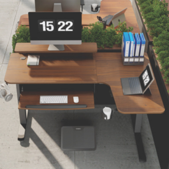 L-Shaped Standing Desk With Keyboard Tray, Right Desk, 61.25" x 43.25" x 34.38" To 52.88", Walnut/Black
