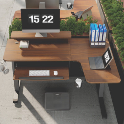 L-Shaped Standing Desk With Keyboard Tray, Right Desk, 61.25" x 43.25" x 34.38" To 52.88", Walnut/Black