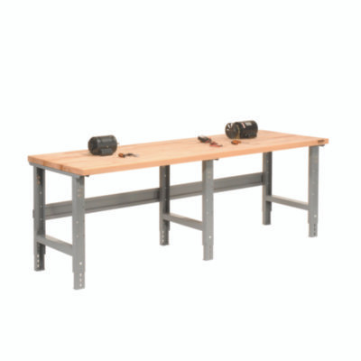 Standard Duty Butcher Block Top Adjustable Height Workbench, 2,000 Lbs, 96 x 36 x 30.88 To 36.88, Maple/Gray