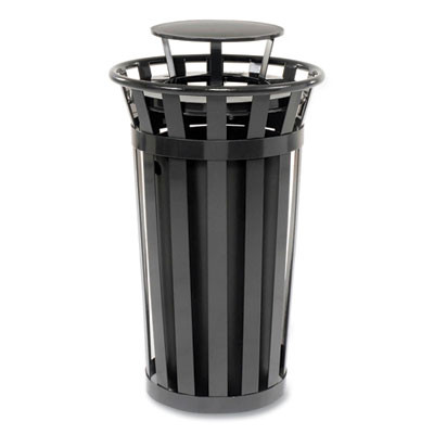 Outdoor Slatted Steel Trash Can, Rain Bonnet Lid, 24 Gal, Black