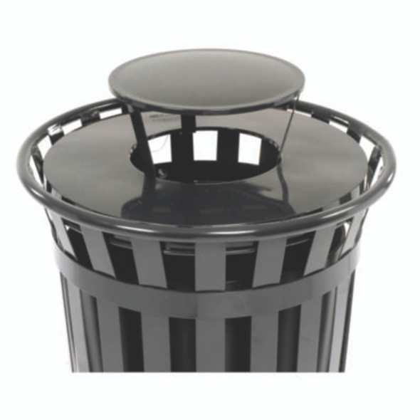 Outdoor Slatted Steel Trash Can, Rain Bonnet Lid, 36 Gal, Black