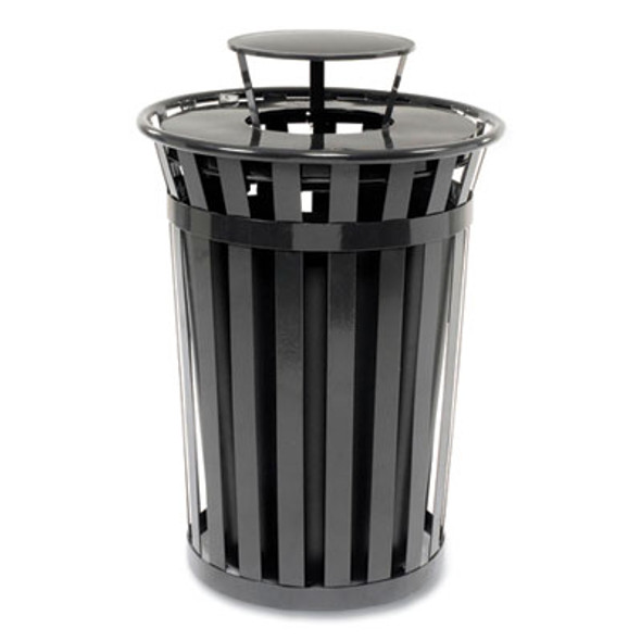 Outdoor Slatted Steel Trash Can, Rain Bonnet Lid, 36 Gal, Black